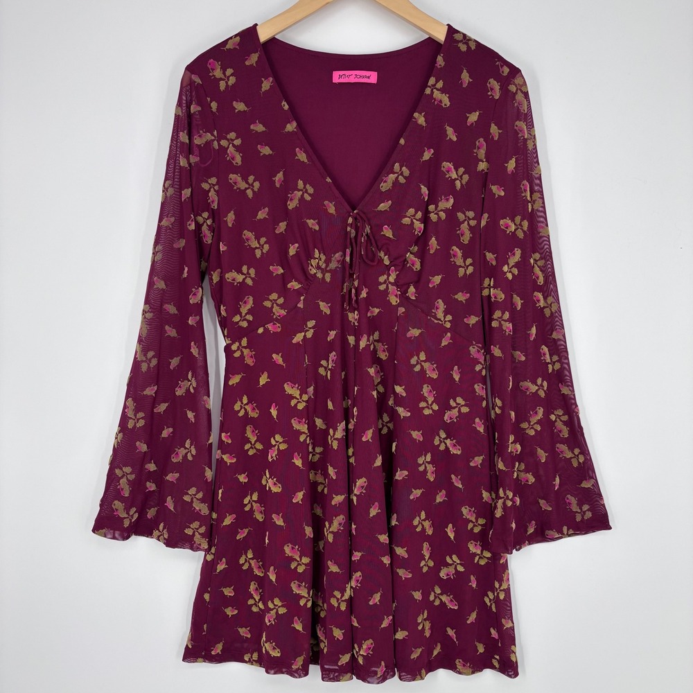 Betsey Johnson Babydoll Dress Womens M Burgundy Floral Mesh Bell Sleeve Y2K